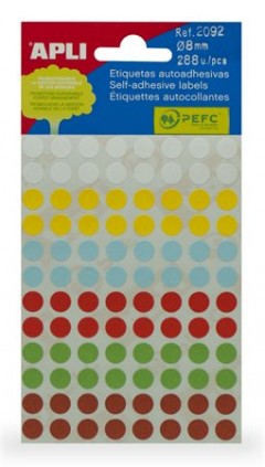 APLI etikett, 8 mm kör, kézzel írható, színes, vegyes színek, 288 etikett/csomag