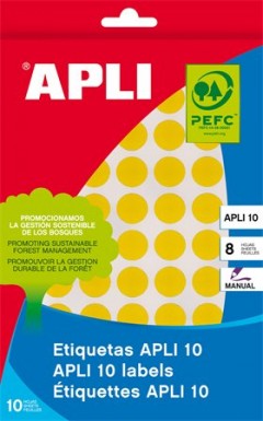APLI etikett 10 mm kör, kézzel írható, színes, sárga, 1008 etikett/csomag