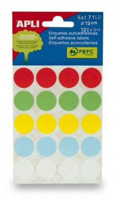 APLI etikett, 19 mm kör, kézzel írható, színes, vegyes színek, 100 etikett/csomag