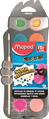 Vízfesték, 12 szín, 30 mm átm/szín + ajándék ecset, MAPED