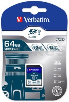VERBATIM PRO, 64GB SDXC, Class 10, UHS-I memóriakártya